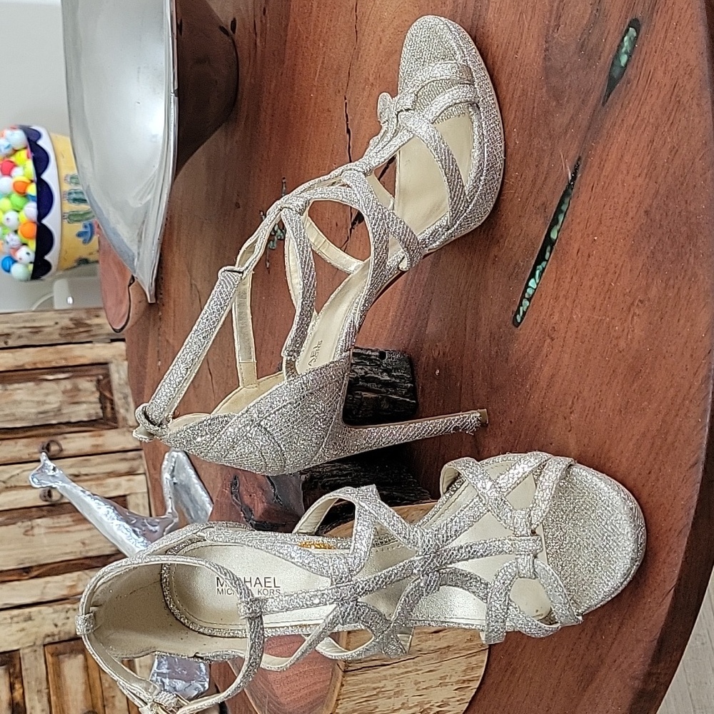 Michael Kors Silver Sparkle Strappy Open Toe Stiletto Heel Sandals, 9 M